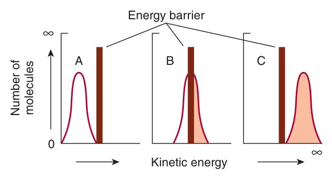 The energy barrier for chemical reactions: as temperature rises from A to C, the number of molecules whose kinetic energy exceeds the activation energy increases