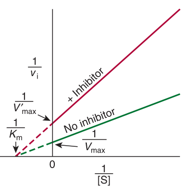 Non-competitive inhibition — lines converge on the x-axis: K<sub>m</sub> unchanged, V<sub>max</sub> lowered